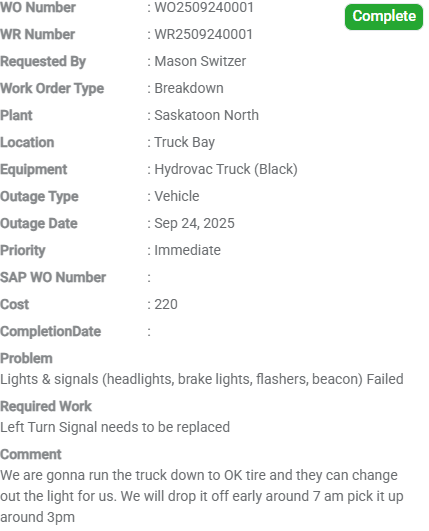 Maintenance Work order complete